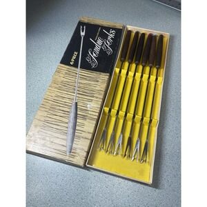 Vintage Fondue Forks‎ Set Of 6 Piece Stainless Steel Wood Handle In Box